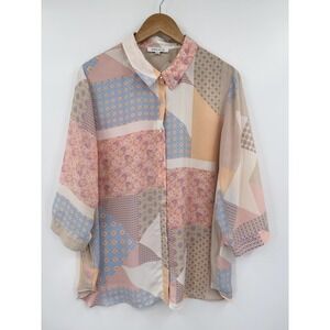 Rose + Olive Women's Top Patchwork Print Button Down Blouse 2X Multicolor Boho